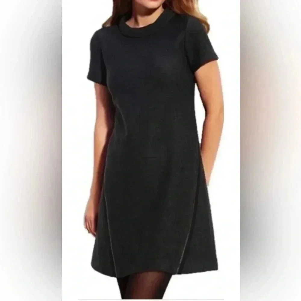 Woman THEORY Black Vyla Comfort Wool Blend S/s Cowl Neck Dress Sz 8 Zippers